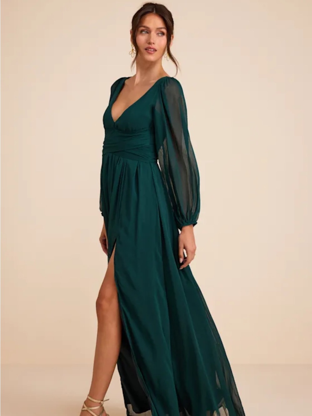 LULUS Enchanted My Love Emerald Green Long Sleeve Chiffon Wrap Maxi
